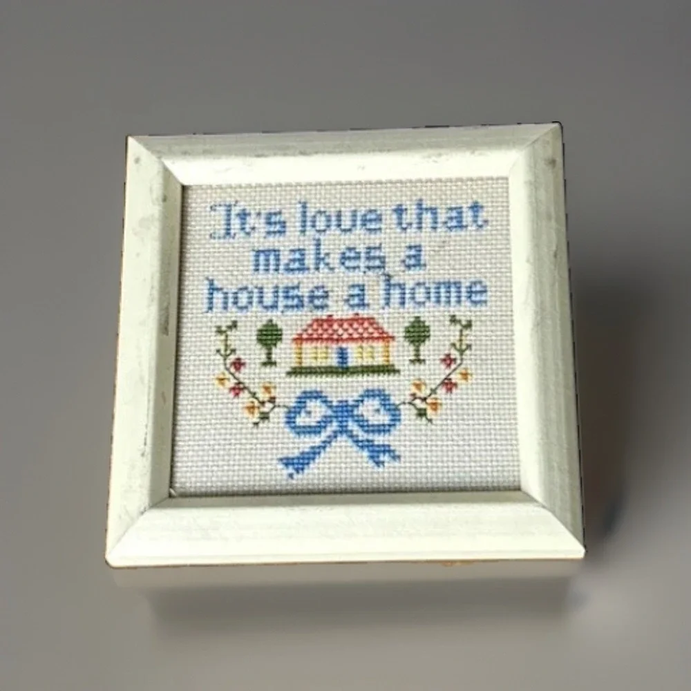 Vintage Framed Cross Stitch Its Love That Makes A House A Home Folk Art Decor